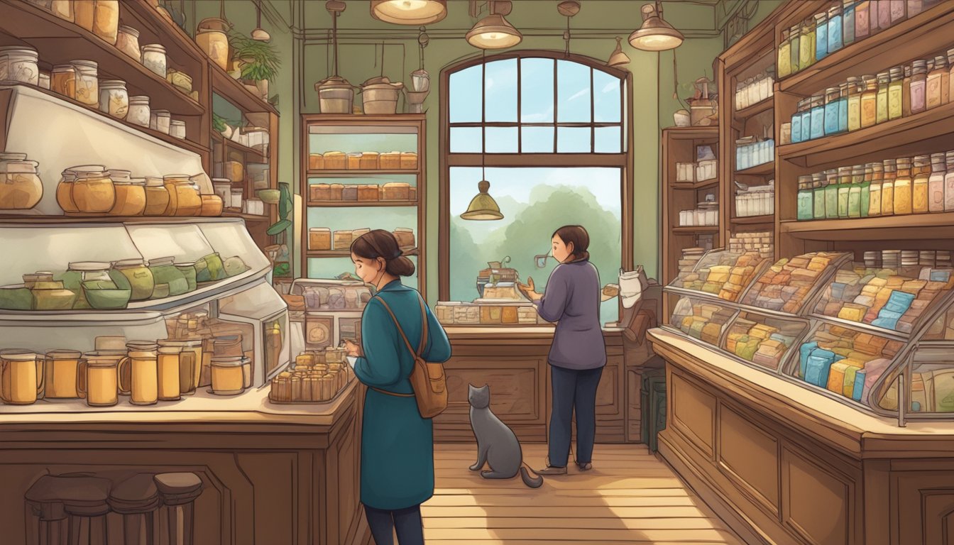 A cozy tea shop with shelves of cat whiskers tea, customers browsing, and a friendly staff member assisting a customer