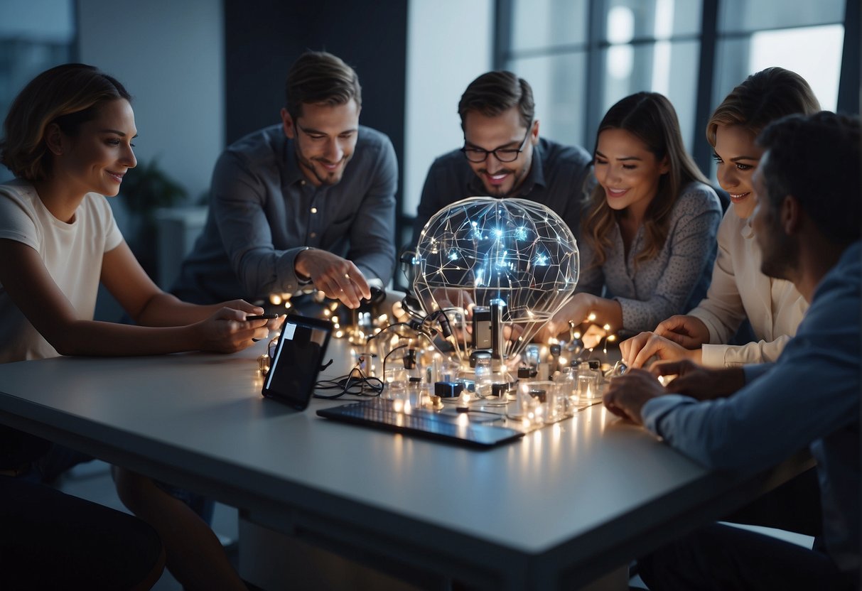 A group of people collaboratively using AI to create 3D models, surrounded by various resources and tools