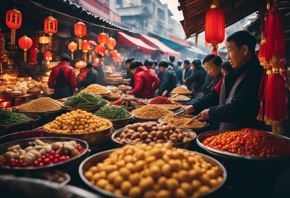 A bustling street market with vendors cooking traditional Chinese New Year recipes, surrounded by vibrant red and gold decorations