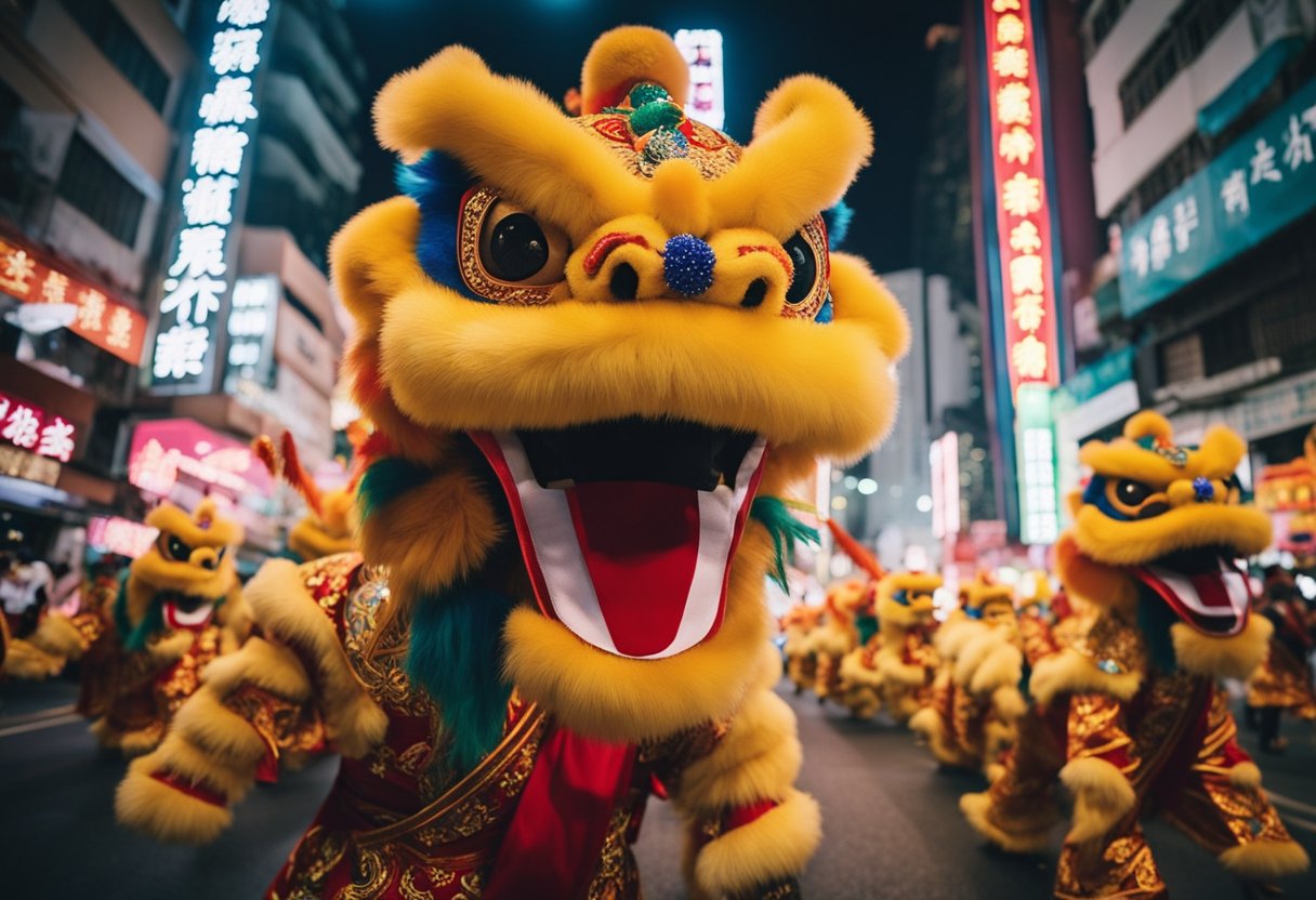 A colorful parade fills the streets of Hong Kong, with dragon and lion dancers, fireworks, and traditional Chinese New Year decorations adorning the buildings. The air is filled with the sounds of drums and cymbals, and the scent of delicious Chinese New