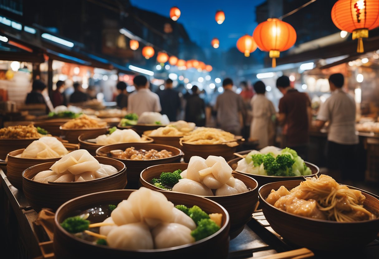 A table filled with steaming dim sum, crispy roast duck, and fragrant bowls of wonton noodles, surrounded by bustling market stalls and colorful lanterns