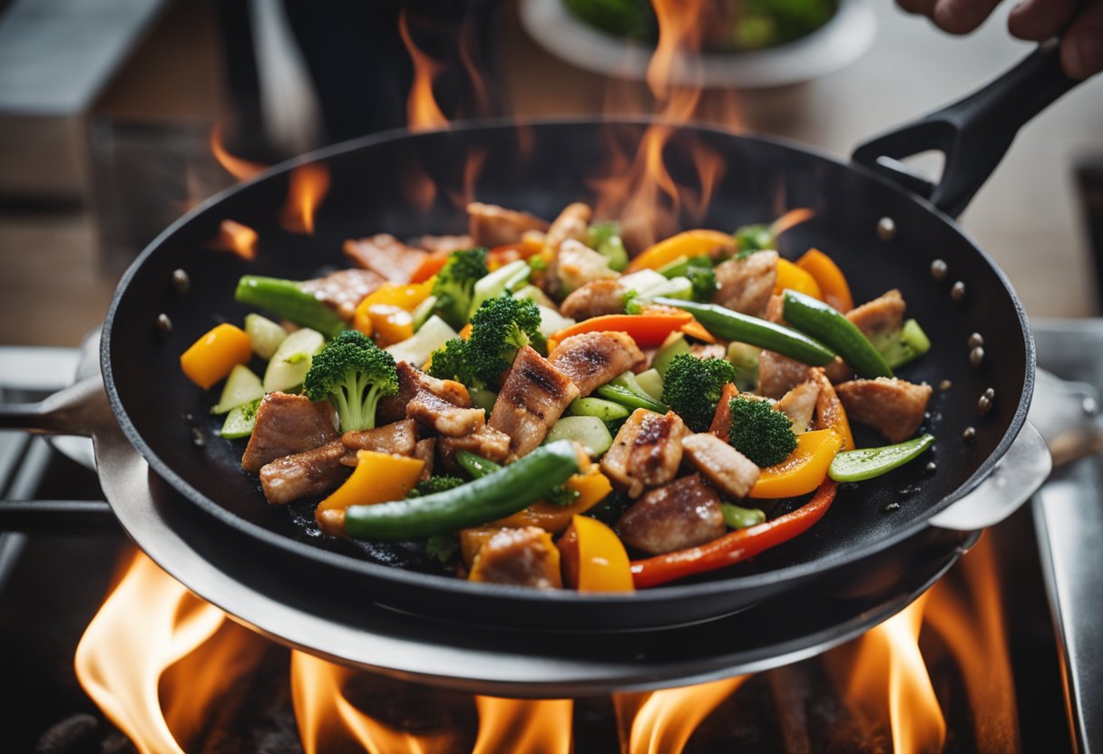 A wok sizzles over a high flame, stir-frying vibrant vegetables and succulent meats. A chef expertly tosses ingredients, infusing the air with aromatic spices