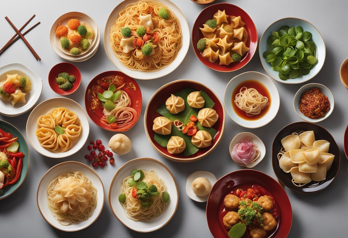 Colorful dishes arranged on a table, with vibrant reds and golds symbolizing good luck and prosperity. Delicate dumplings, succulent meats, and fragrant noodles create a feast fit for a celebration