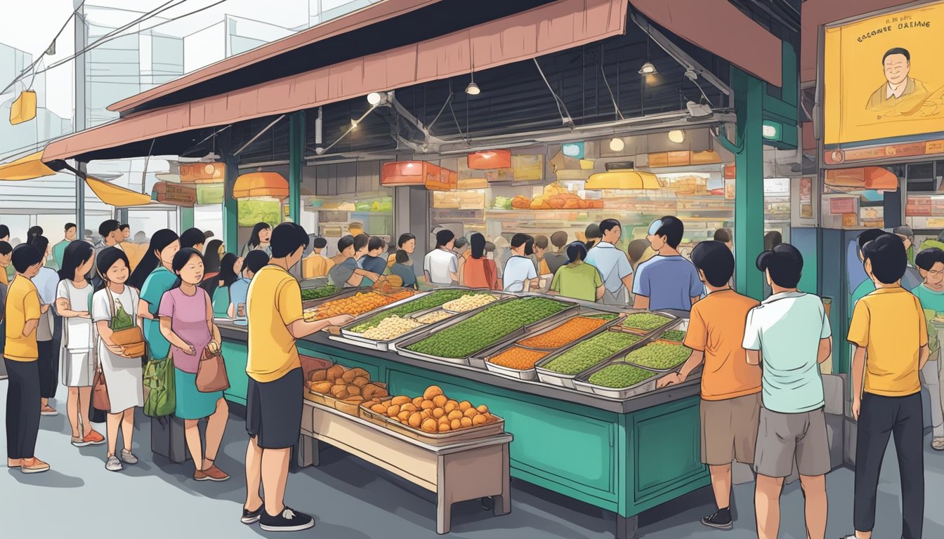 A bustling Singapore market stall sells colorful vegetarian bak chang, with eager customers lining up to make their purchases