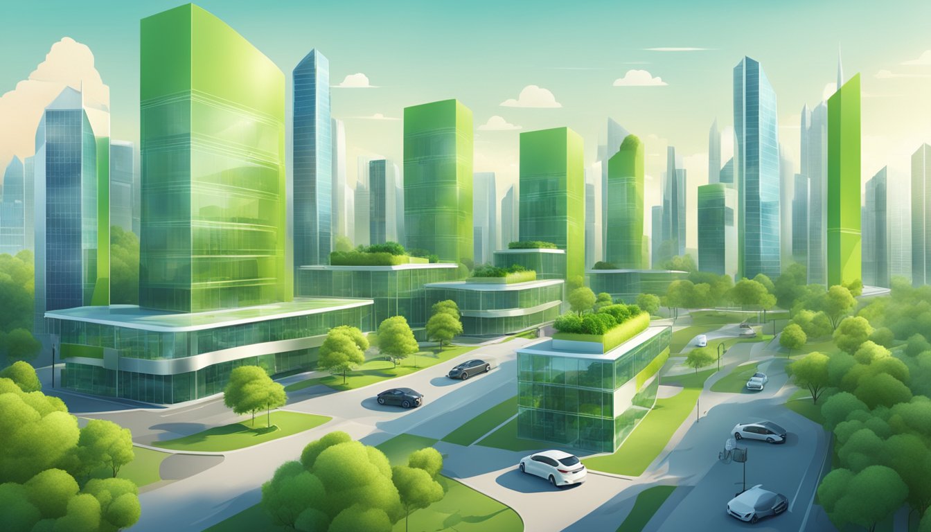 A modern city skyline with green buildings and solar panels, featuring advanced technology like electric vehicles and smart home devices