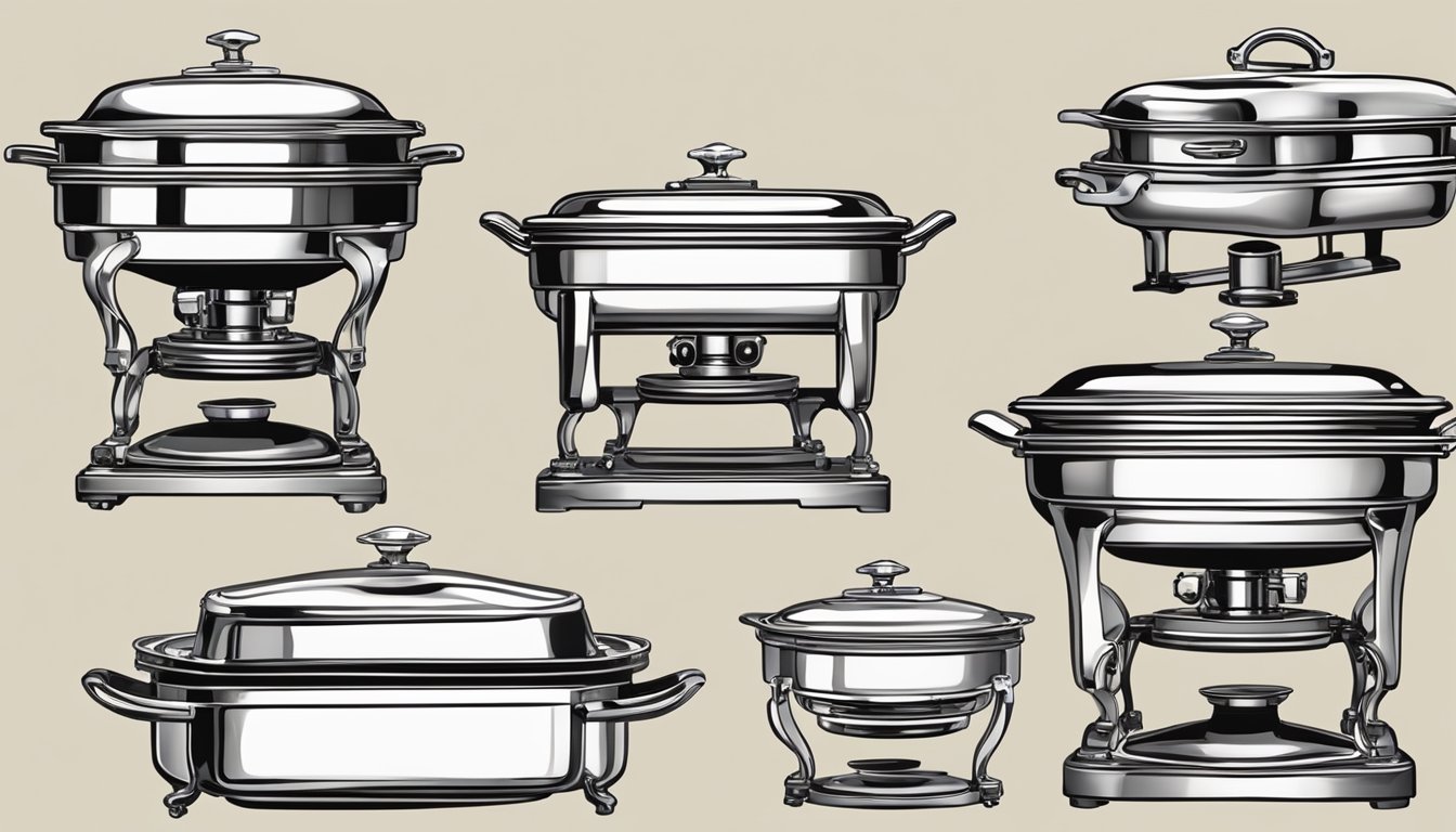 A variety of chafing dishes displayed in a store in Singapore, with different sizes and styles available for purchase