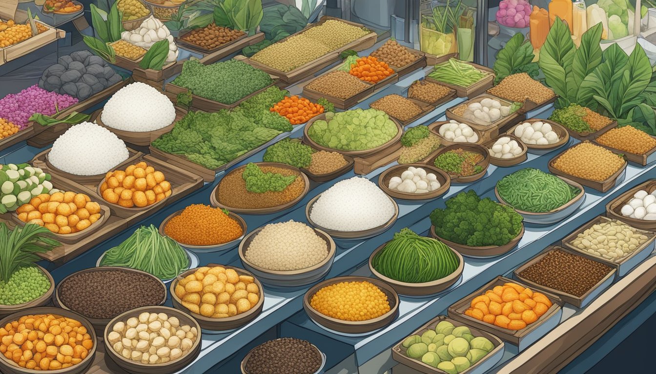 A colorful display of vegetarian bak chang at a bustling market in Singapore. Various vendors offer the traditional rice dumplings filled with savory plant-based ingredients