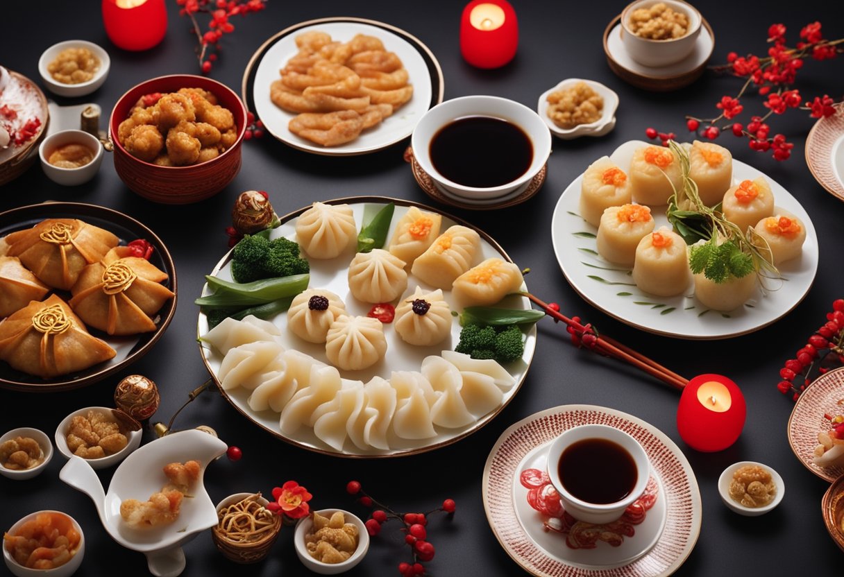 A table set with traditional Chinese New Year dishes, including dumplings, fish, and rice cakes, surrounded by festive decorations and red lanterns