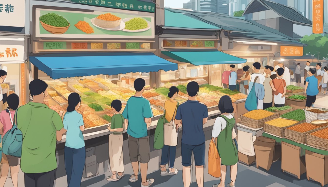 A bustling market stall sells vegetarian bak chang in Singapore. Colorful banners advertise the specialty dish, while customers eagerly line up to purchase the traditional rice dumplings