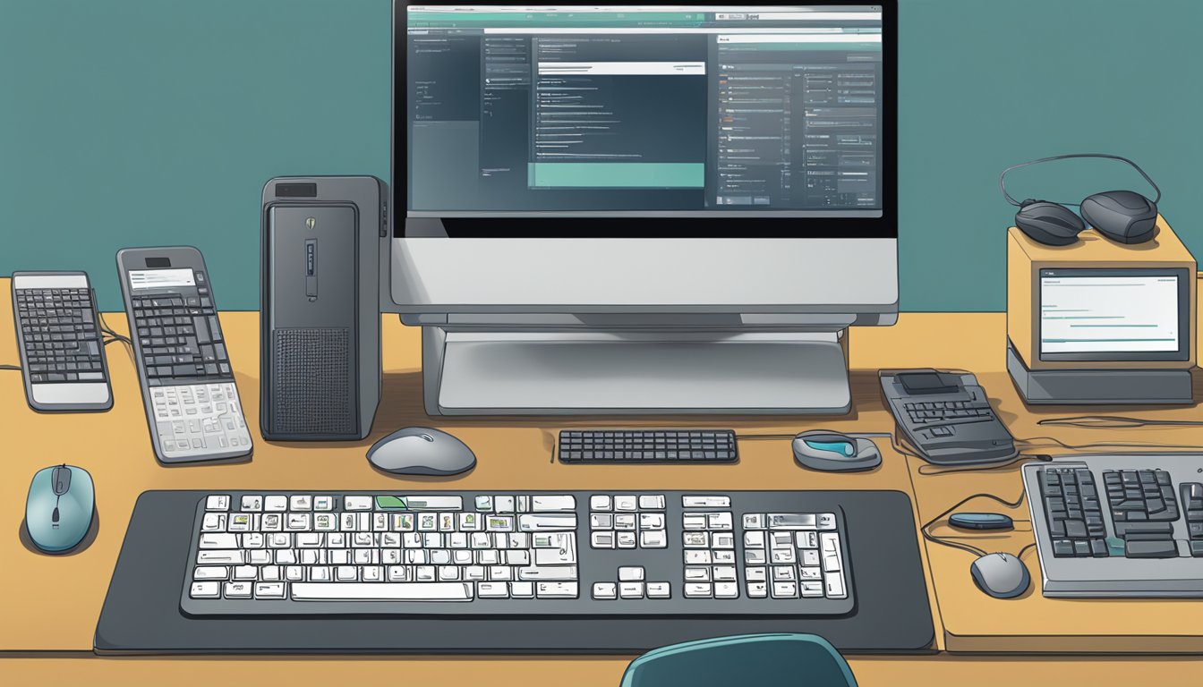 A computer desk with a Logitech keyboard and mouse, surrounded by various electronic devices, with a "Frequently Asked Questions" sign displayed prominently