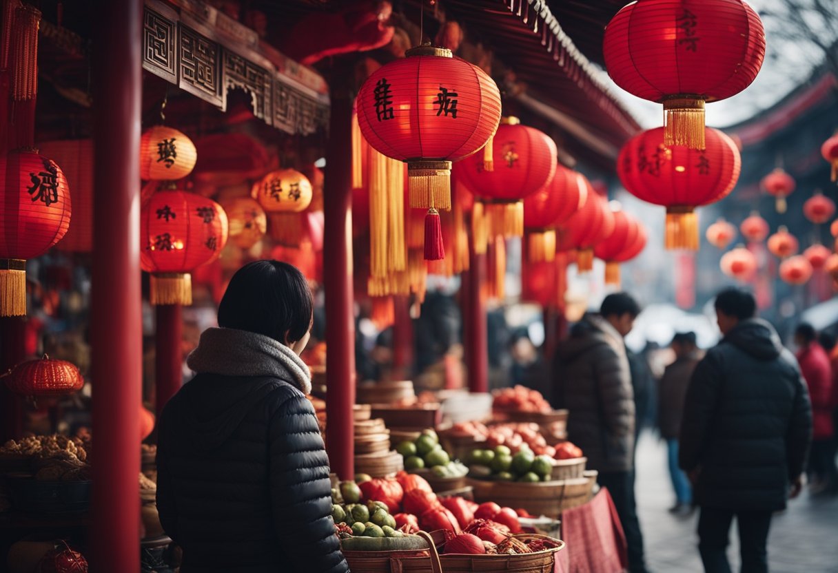 A bustling street market filled with vendors selling traditional Chinese New Year ingredients and cooking utensils. Red lanterns and decorations adorn the stalls, creating a festive atmosphere