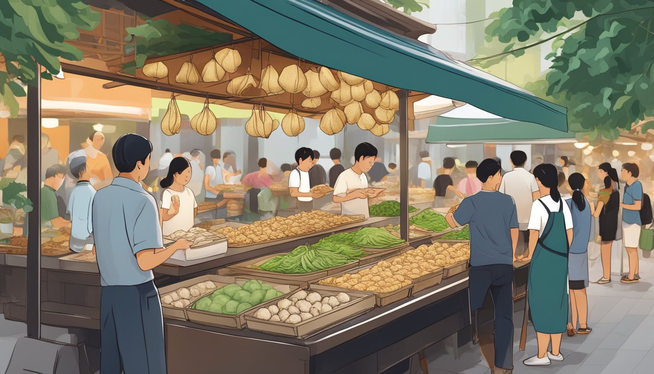 A bustling market stall displays various vegetarian bak chang, with customers eagerly purchasing the traditional dumplings in Singapore