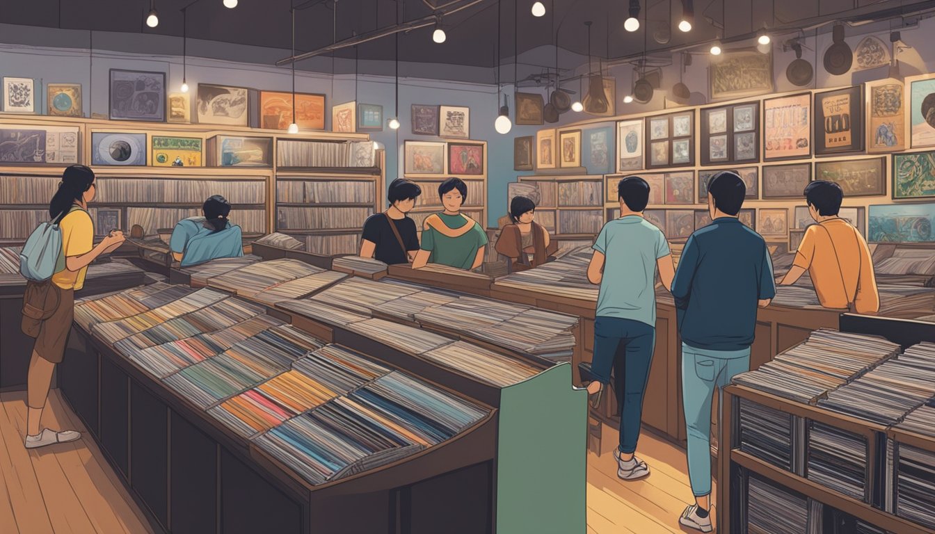 Customers browsing vinyl records in a cozy Singapore shop, with shelves full of colorful album covers and vintage music posters on the walls
