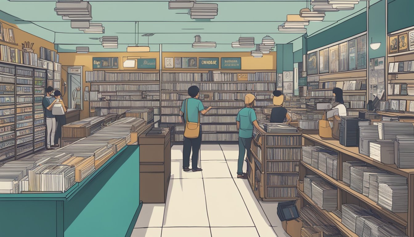 A busy record store in Singapore with shelves of vinyl, customers browsing, and a sign displaying "Frequently Asked Questions: Where to buy vinyl in Singapore."