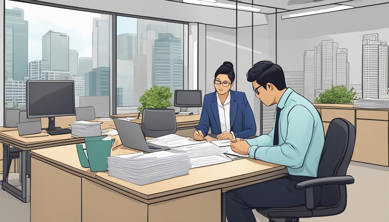 A business owner in Singapore fills out a loan application at a money lender's office. The lender reviews the paperwork and discusses terms with the applicant