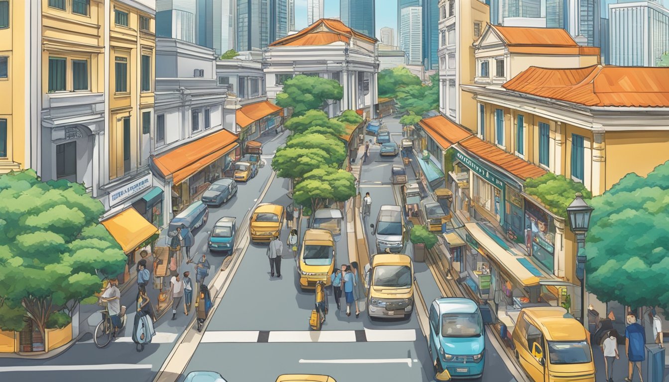 A bustling Singapore street with various money lending institutions, showcasing the diverse landscape of legal moneylenders in the city