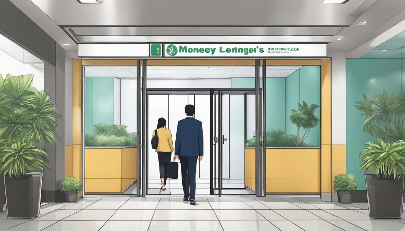 A person walks into a licensed moneylender's office at Far East Plaza in Singapore, with a sign prominently displayed on the door. The interior is clean and professional, with a friendly staff member ready to assist