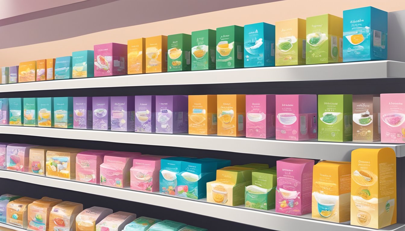 A display of waxing kits on a shelf in a Singaporean store. Brightly colored packaging with clear labels. Shoppers browsing nearby