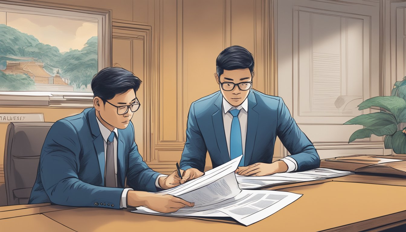 A person carefully reads through a contract, while a shady figure lurks in the background, representing the potential danger of falling victim to loan scams from a money lender company in Singapore