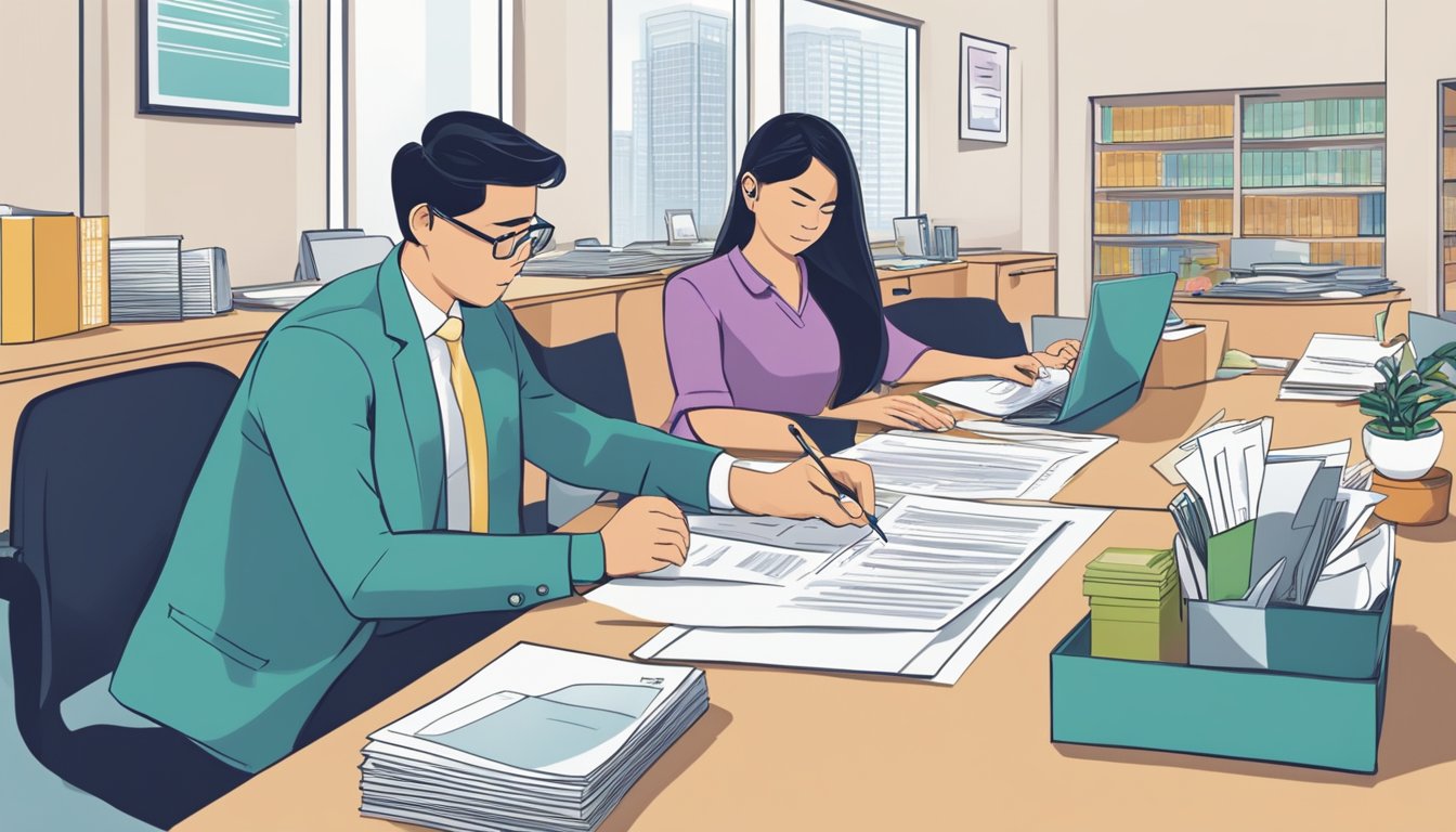A person filling out a loan application form at a money lender's office in Singapore. The applicant is seated at a desk, with the money lender across from them, reviewing the paperwork