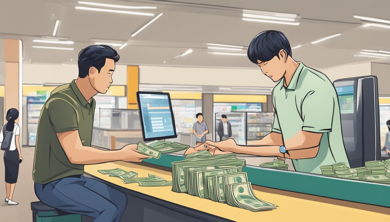 A customer handing over cash to a moneylender at Far East Plaza in Singapore. The moneylender counts the money while the customer looks on nervously