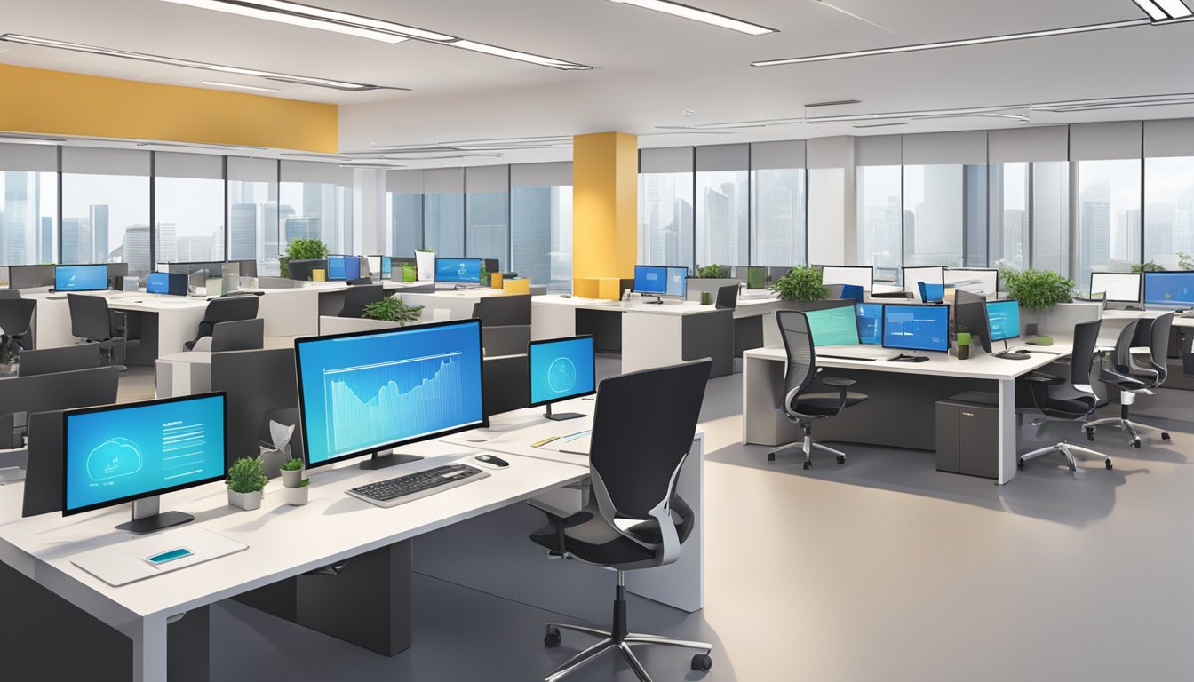 A modern office with sleek computers and digital screens, showcasing the latest lending technology in Singapore