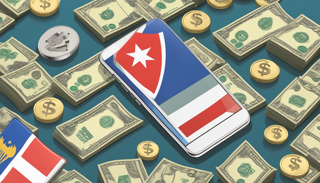 A smartphone with a lock icon and a shield symbol, surrounded by money and a Singaporean flag