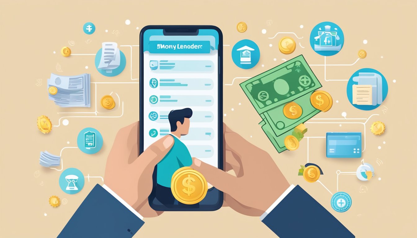 A person holding a smartphone with a money lender app open, surrounded by icons of benefits and advantages, with a checklist of criteria for choosing the right moneylender