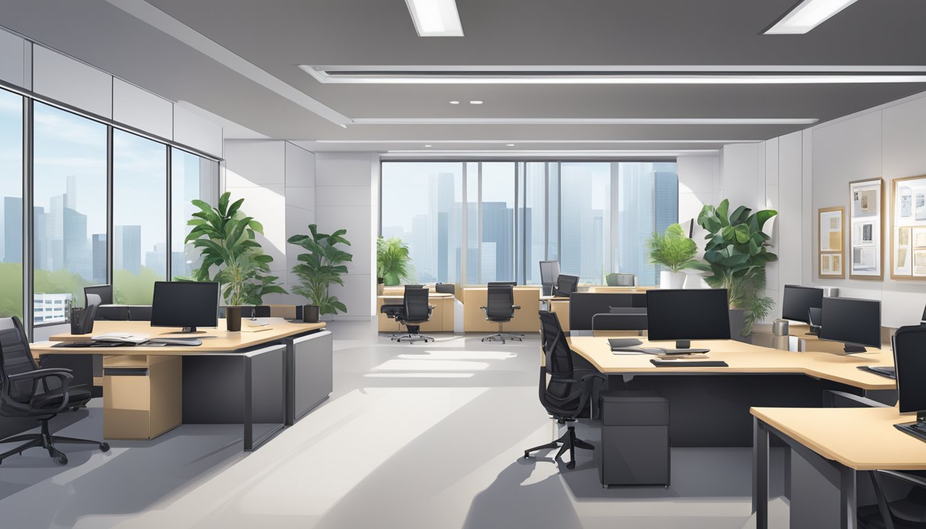 A modern office with sleek furniture, a logo prominently displayed, and professional staff assisting clients in a bright and welcoming environment