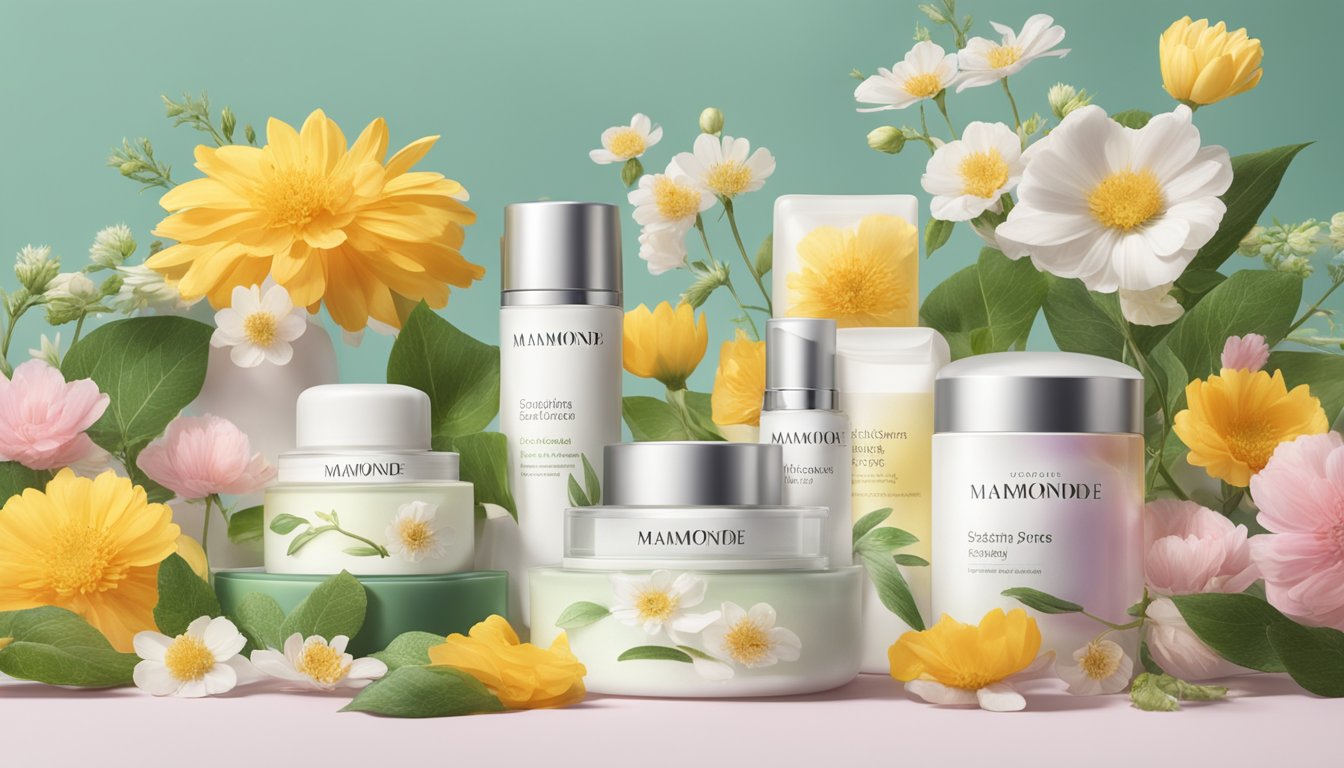A table with various Mamonde skincare products neatly arranged, surrounded by blooming flowers and greenery