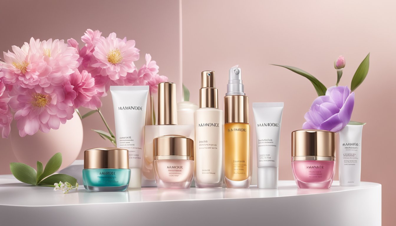 Vibrant Mamonde makeup products arranged on a sleek, modern vanity table with soft lighting and fresh flowers in the background