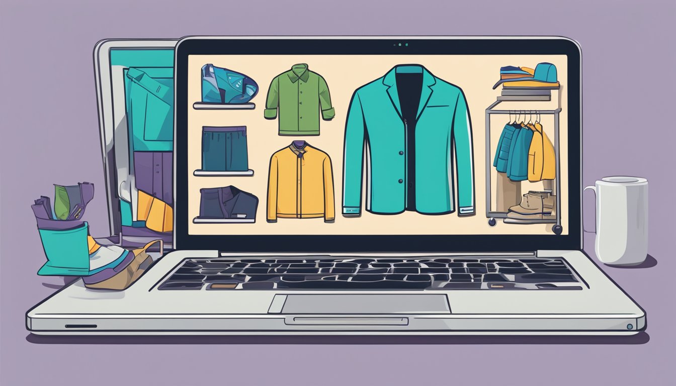 A laptop displaying a website with various men's clothing items. A cursor hovers over a button that reads "Add to Cart."