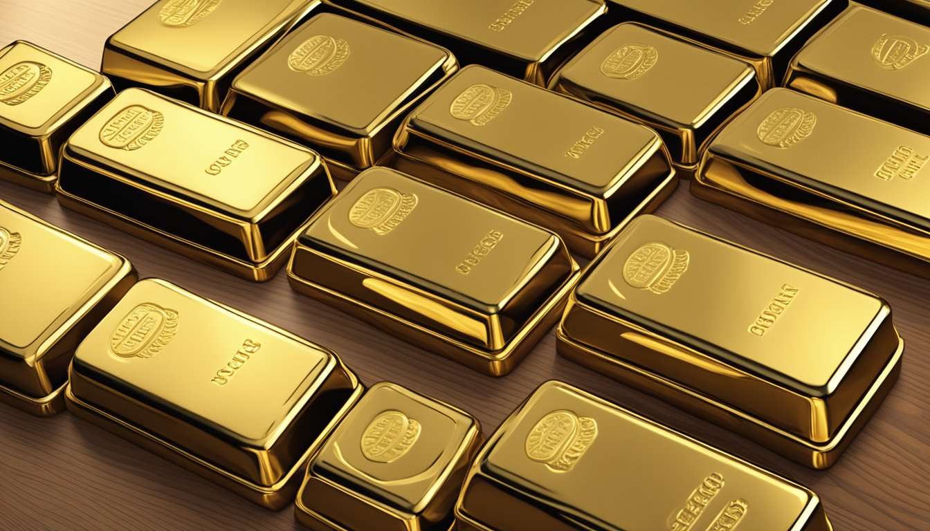 A stack of gold bullion bars gleams in the soft light, each one stamped with the purity and weight, arranged neatly on a polished wooden table