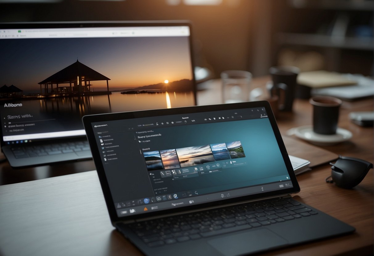 The designer clicks "Export" in Microsoft Designer, then selects file format and destination folder. The progress bar indicates the file is being finalized and exported