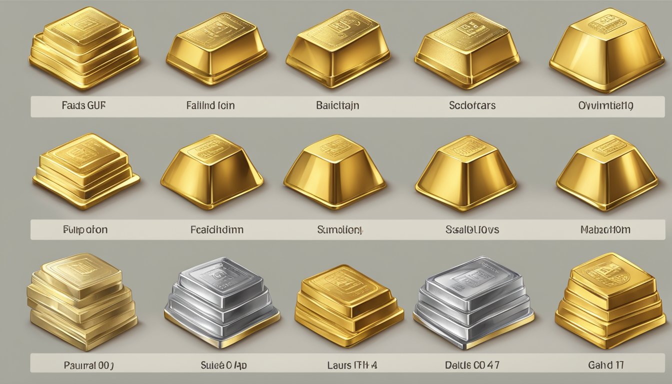 A table displaying various gold bullion options, each labeled with their respective purity and weight