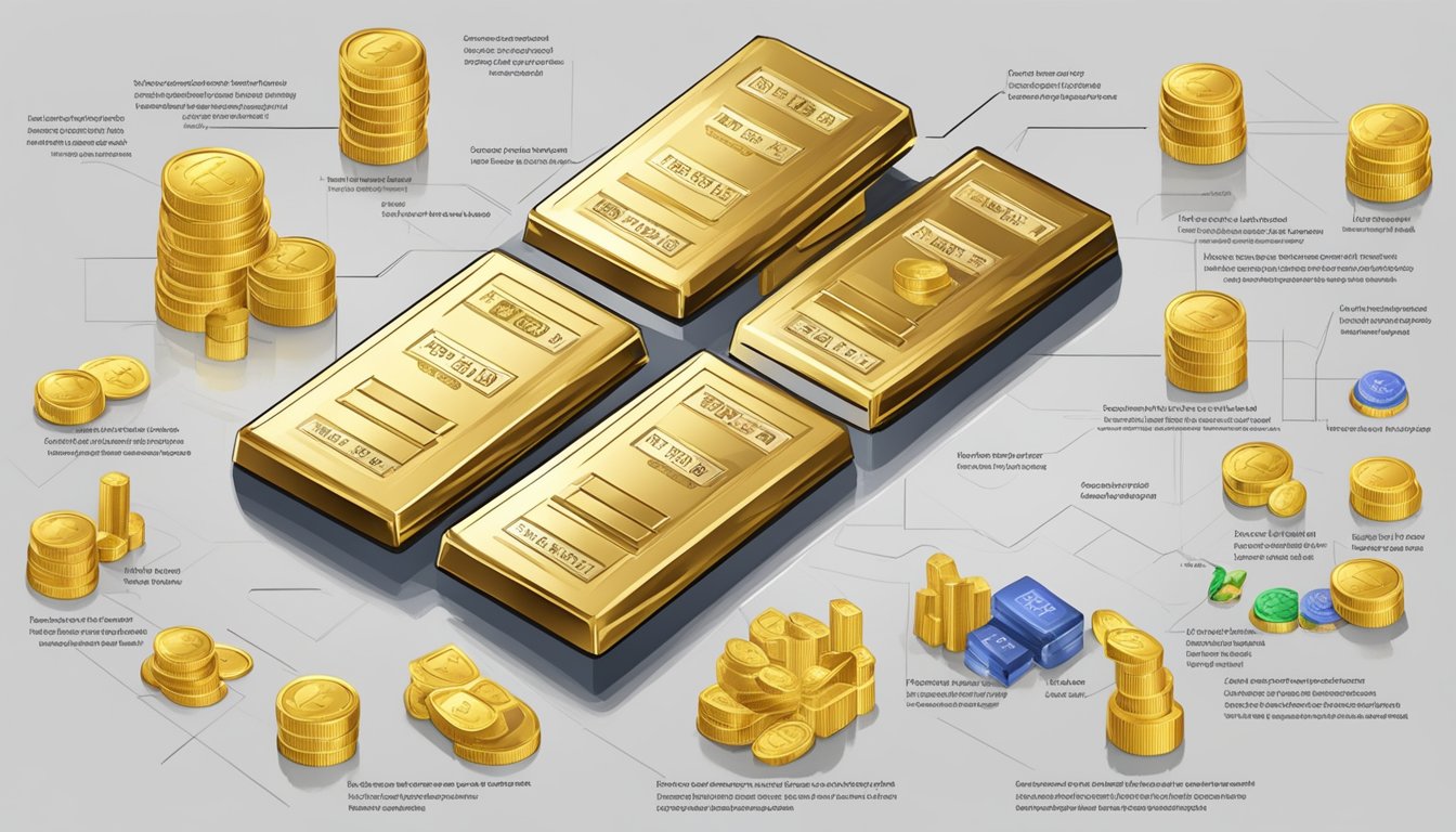 A table with various gold bullion options, each labeled with their respective qualities and prices, surrounded by financial charts and graphs