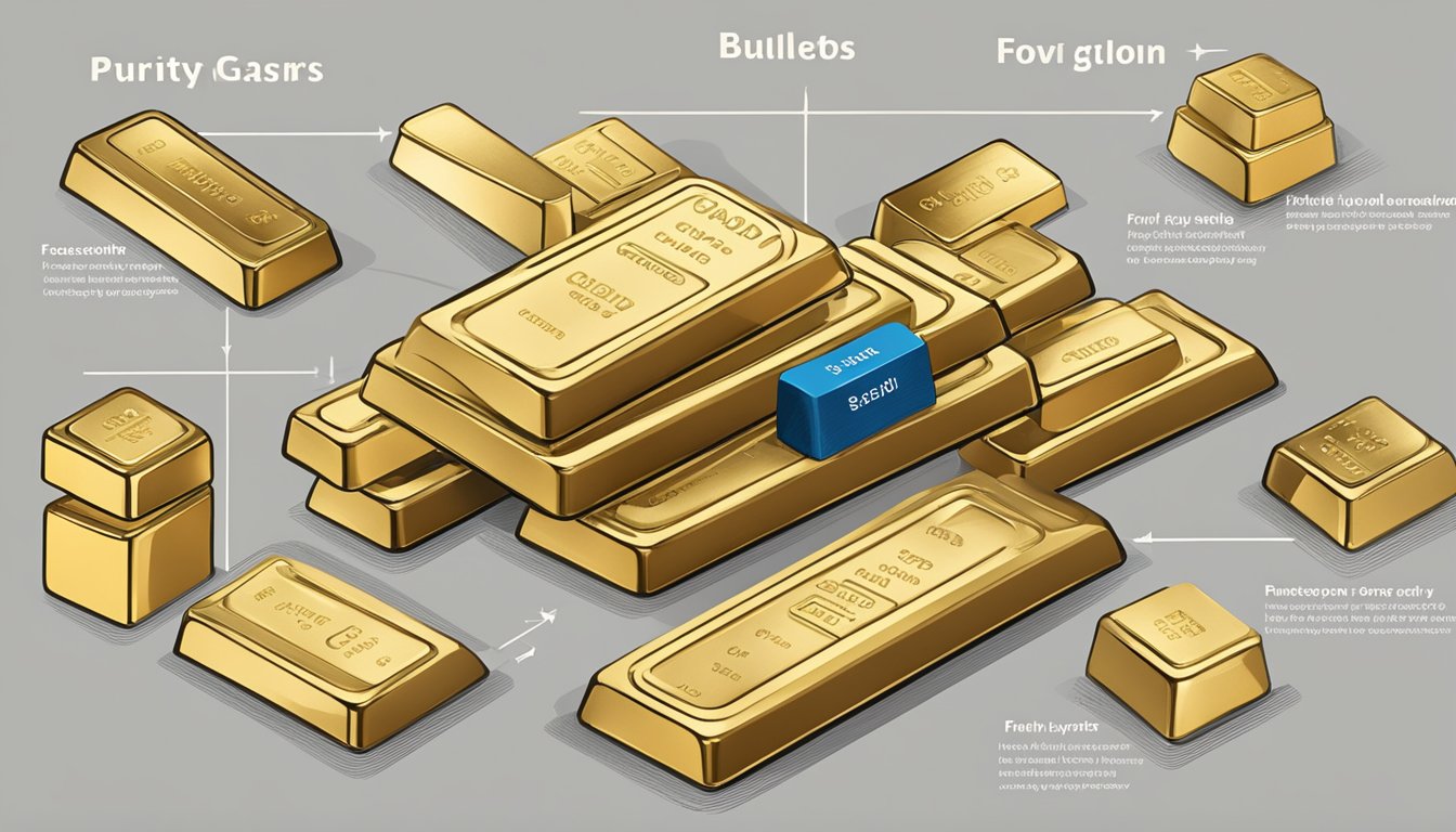 A stack of various gold bullion bars, with labels indicating purity and weight, surrounded by a list of frequently asked questions about buying gold