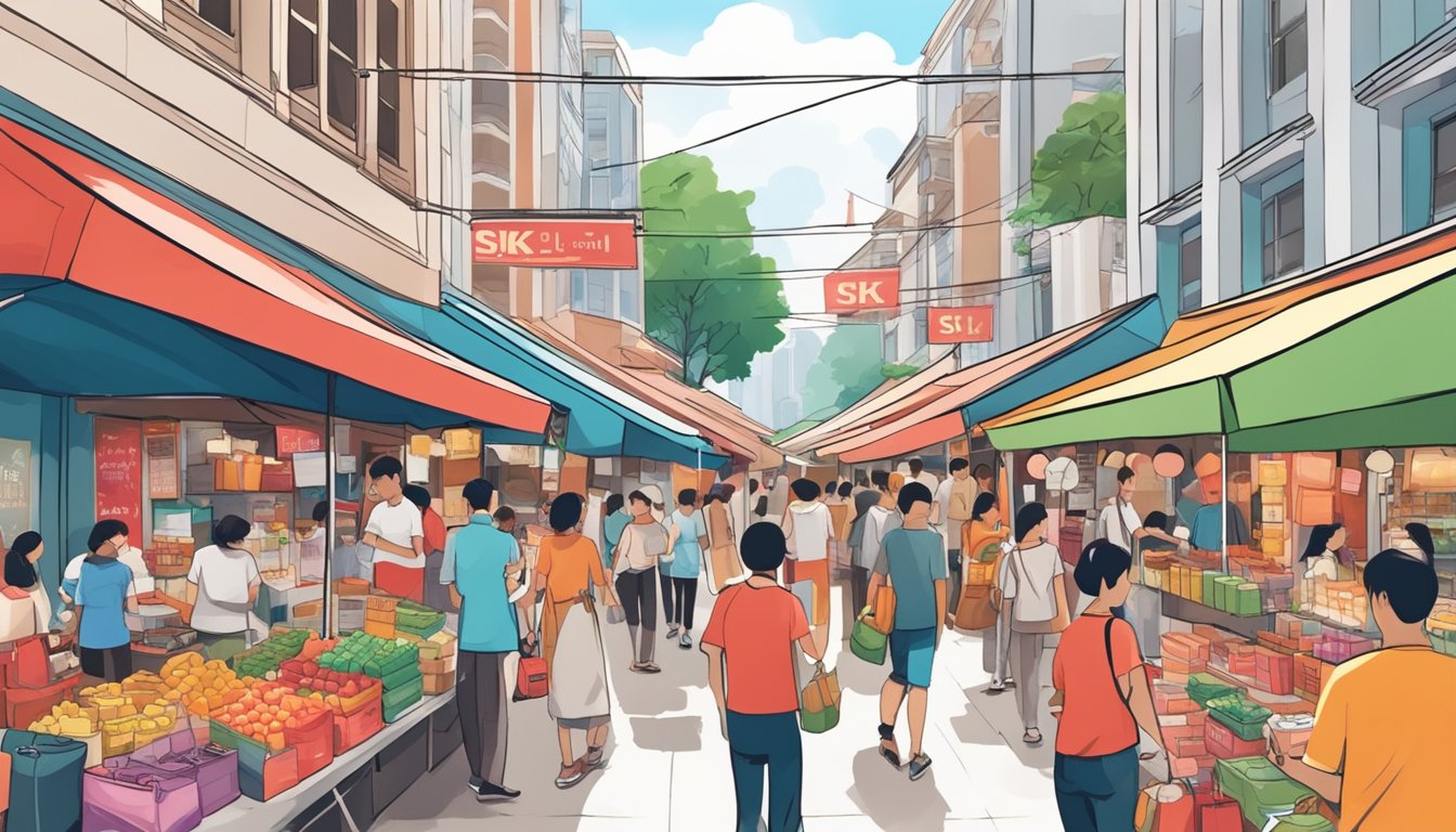 A bustling street market in Singapore, with colorful stalls and signs advertising "cheap SK-II" skincare products