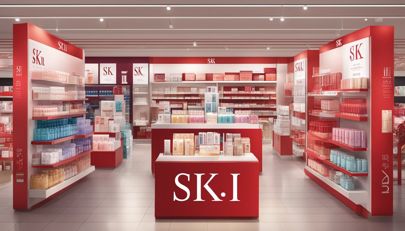 A display of discounted SK-II products in a Singaporean store, with price tags and promotional signs