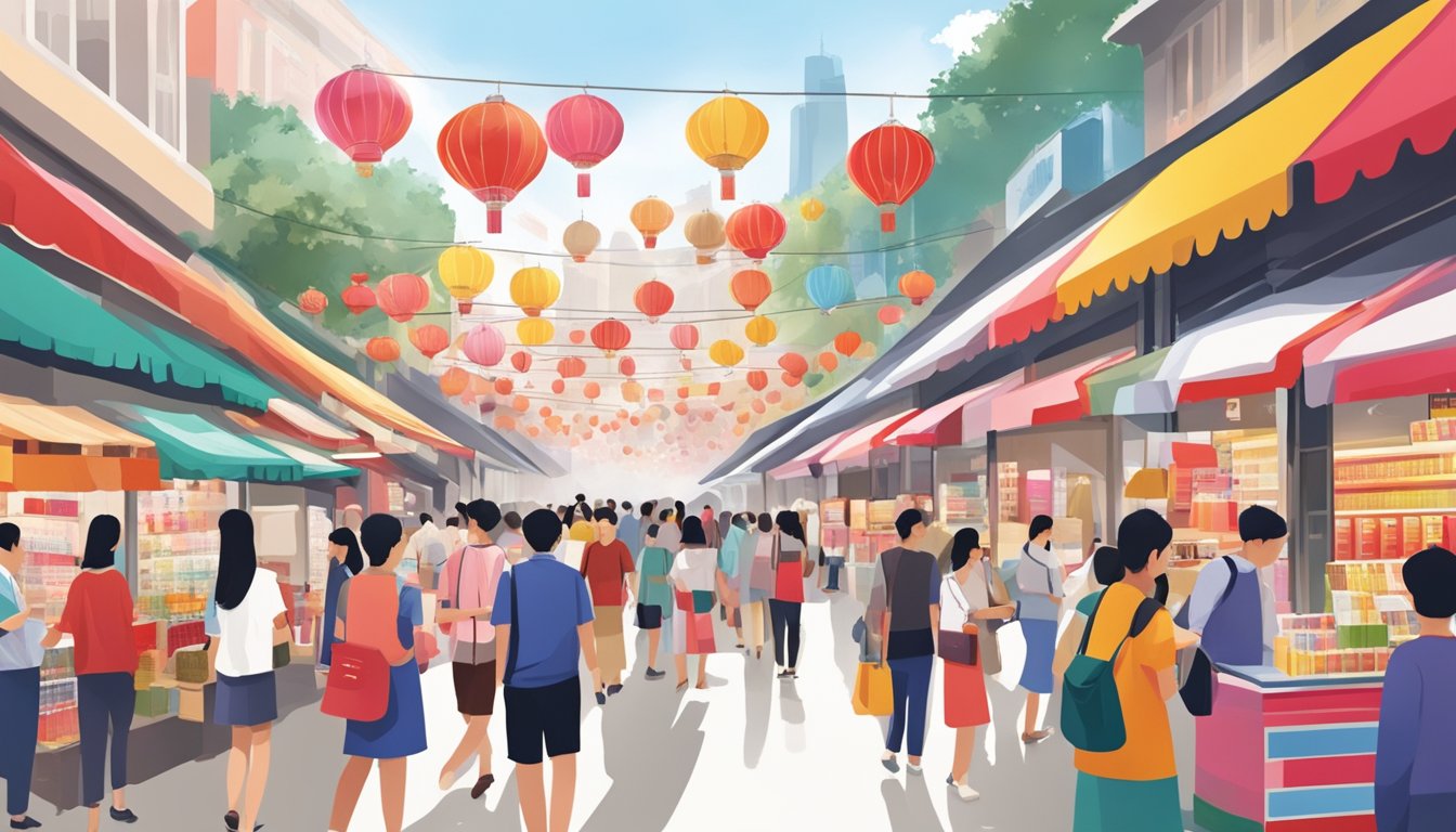 A bustling Singapore market with colorful SK-II displays and eager customers seeking cheap prices