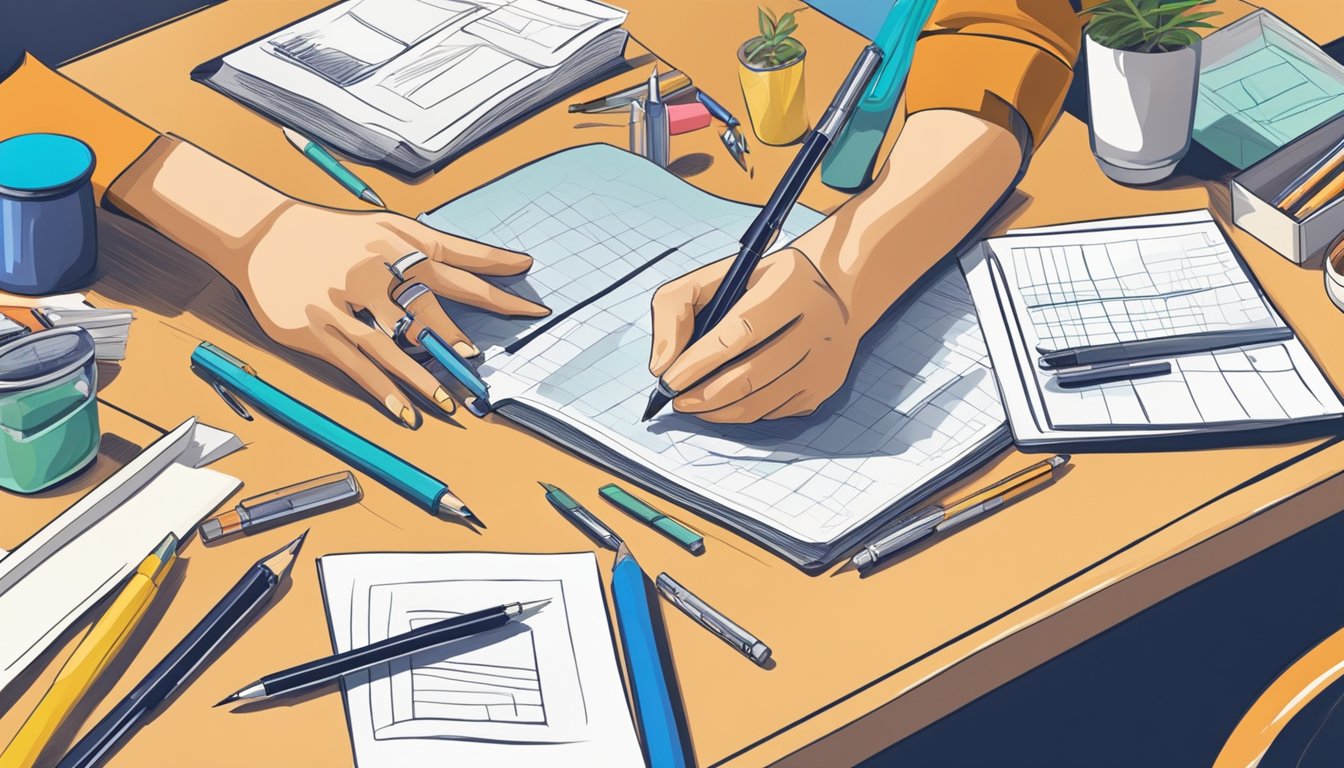 A hand reaches for various pens on a desk, examining each one carefully before making a selection