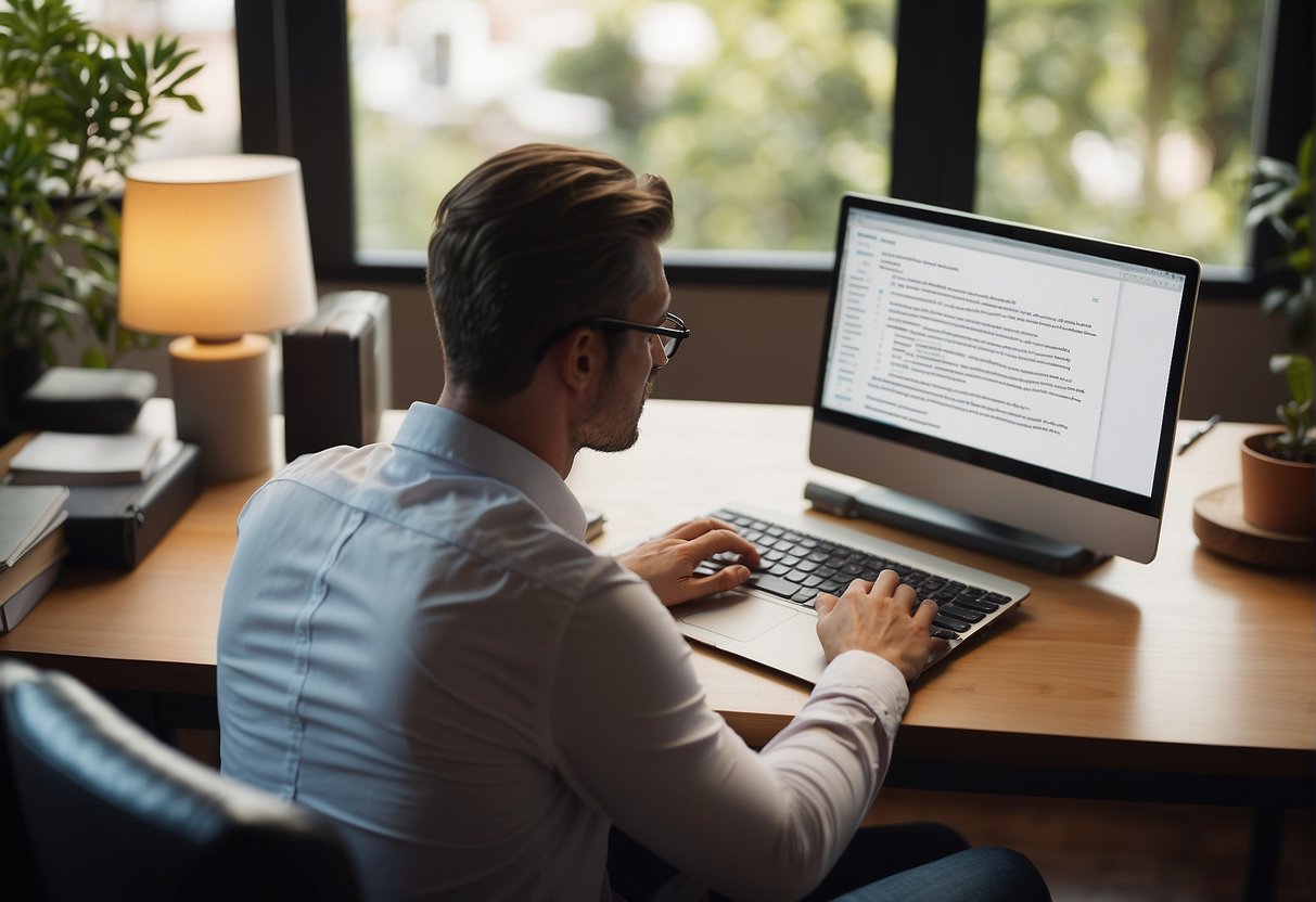 A person sits at a desk with a blank page and a computer. The AI program on the screen provides writing prompts and suggestions. The person begins typing, feeling inspired and motivated