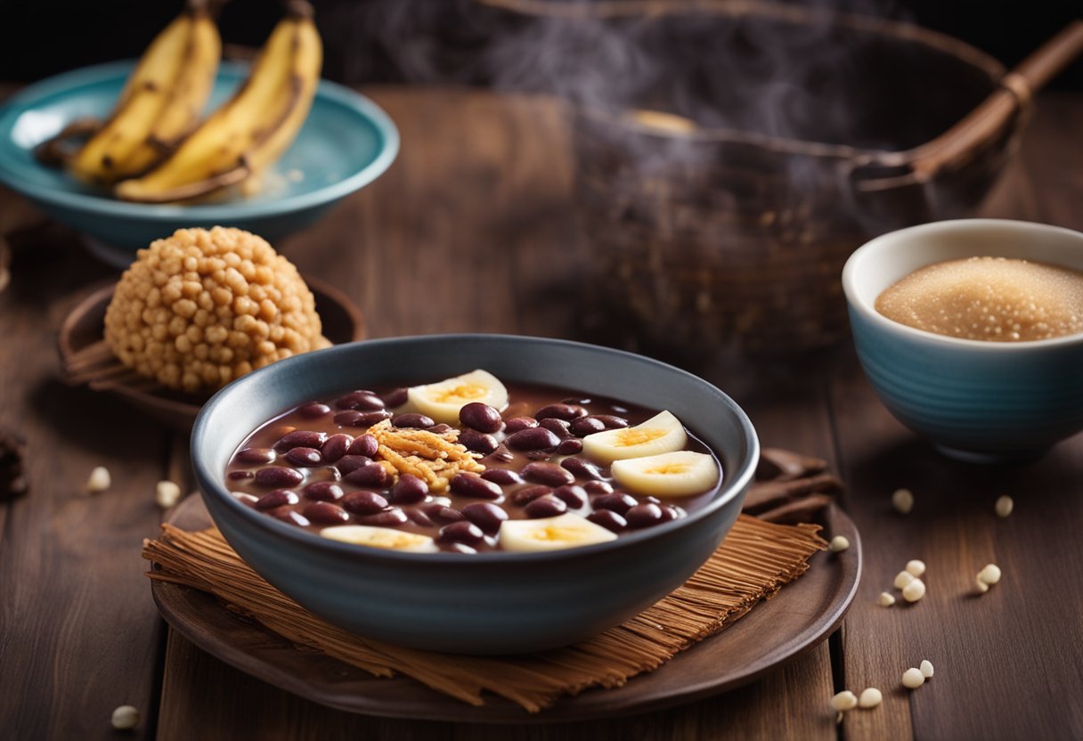 A steaming bowl of red bean soup is surrounded by sizzling sesame balls and crispy fried bananas. The aroma of sweet and savory flavors fills the air
