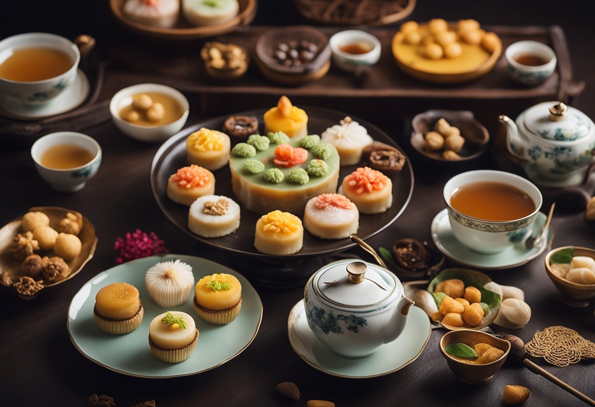 A table adorned with various Chinese desserts, steaming hot and colorful, surrounded by delicate teacups and traditional utensils