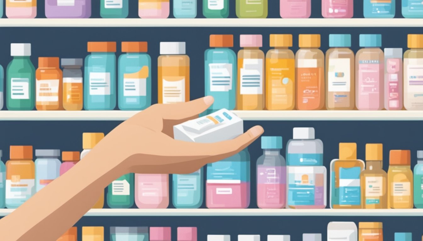 A hand reaches for a small package labeled "abortion pill" in a Singapore pharmacy. The package sits on a shelf among other medications