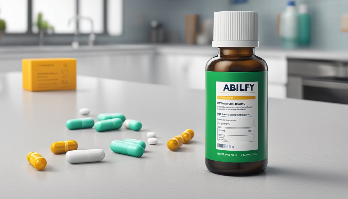 A bottle of Abilify sits on a clean, white countertop, with a prescription label and a few pills scattered nearby