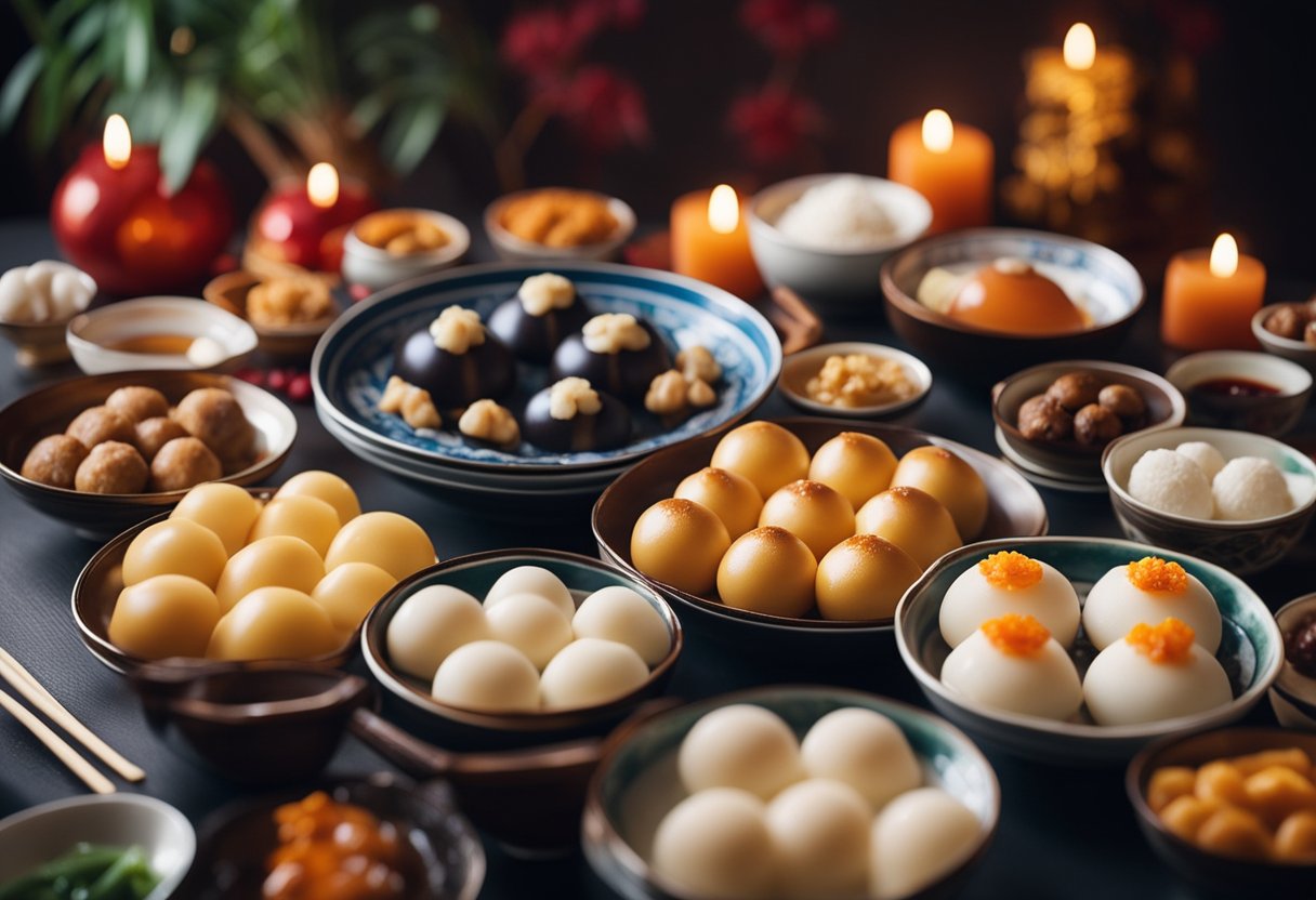 A table adorned with steaming bowls of traditional Chinese New Year desserts, including tangyuan, nian gao, and sweet rice balls