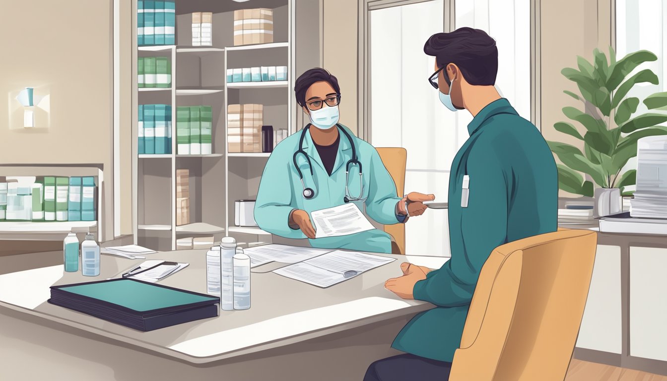 A doctor in a clinic holding a prescription bottle labeled "abortion pill" while discussing medical and legal guidelines with a patient