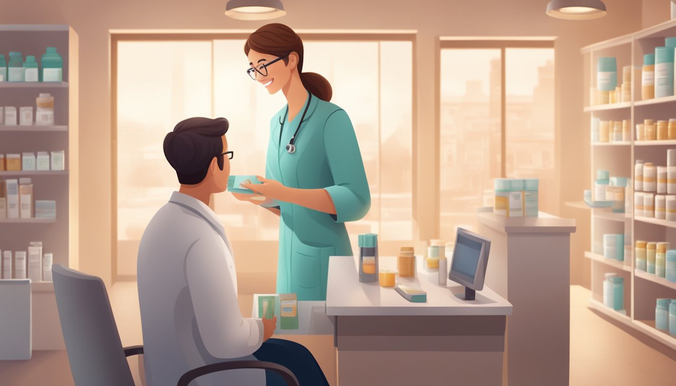 A pharmacist hands over a small package to a woman, who looks relieved and grateful. The clinic is quiet and private, with soft lighting and comfortable seating