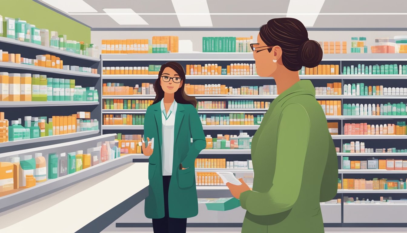 A woman stands at a pharmacy counter, asking about abortion pills. The pharmacist listens attentively, while shelves of medication line the walls